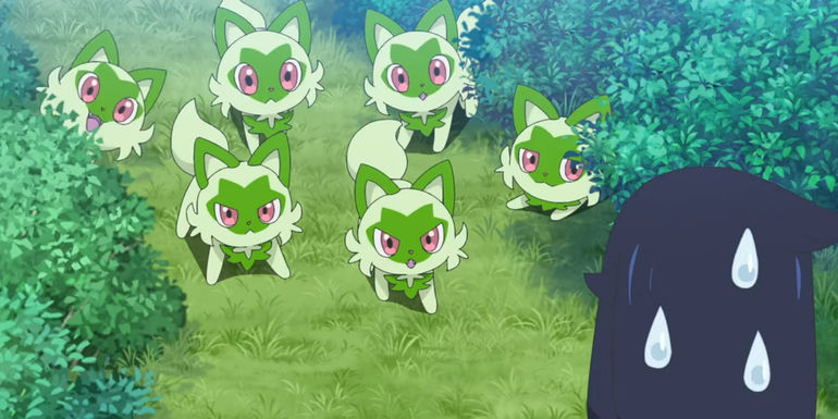 Pokemon Horizons: Many Sprigatito live at the breeder's home.