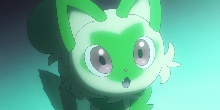 Pokemon Horizons: Sprigatito looks on with wonder.