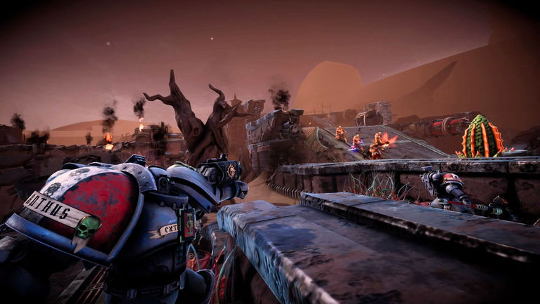 A Grey Knight Space Marine aiming his bolter at some infected foes