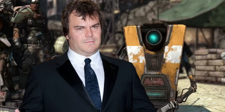 Jack Black in front of Claptrap from Borderlands videogame