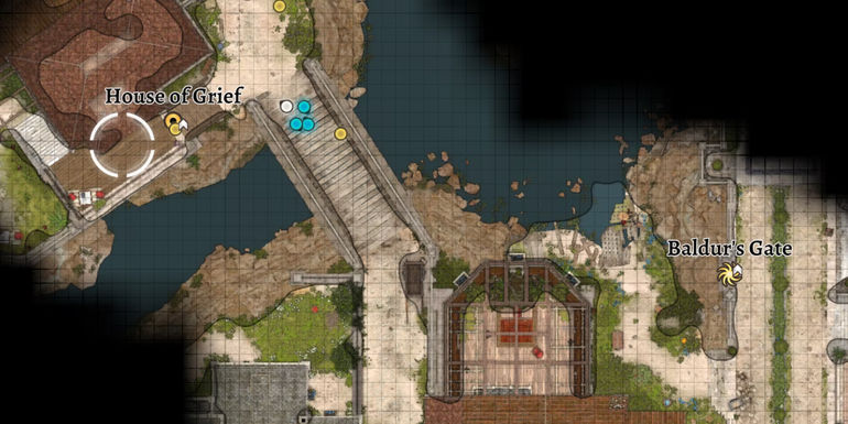 The game map shows the House of Grief to the west of the Baldur's Gate fast travel waypoint.