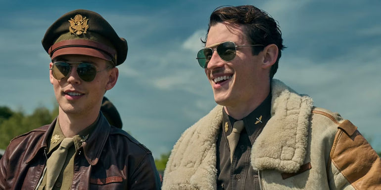 Callum Turner as John Bucky Egann Masters and Austin Butler as Major Gale Buck Cleven laughing in Masters of the Air