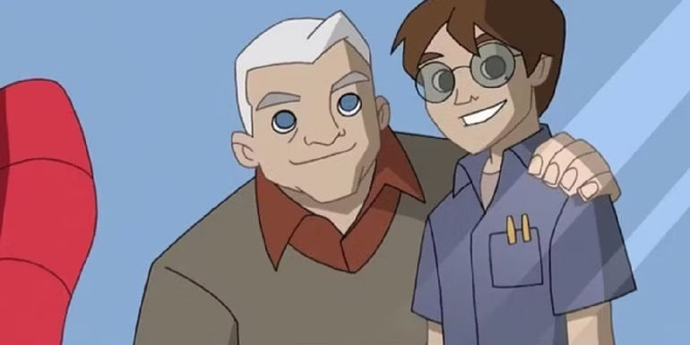 Ed Asner's Uncle Ben and Peter Parker in a photo in The Spectacular Spider-Man