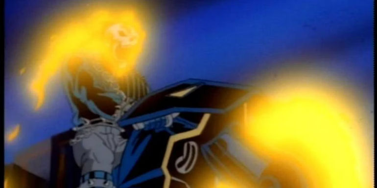 Ghost Rider on his flaming bike in Fantastic Four animated series