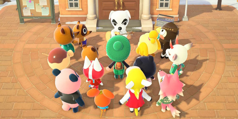 A large group of villagers in Animal Crossing gather round KK Slider and the player.