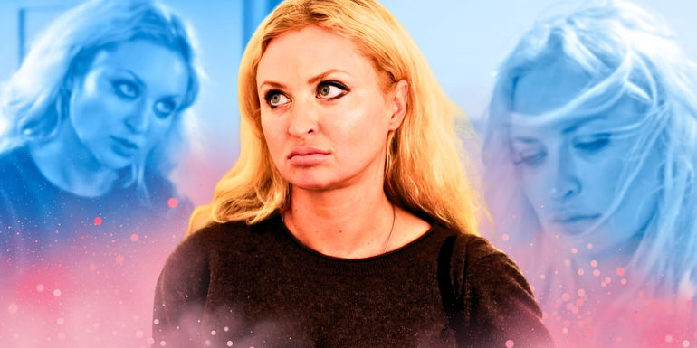 Natalie Mordovtseva from 90 Day Fiance making a face pink and blue background