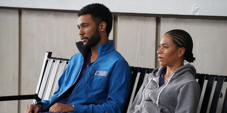 Winston and Maggie sad on a bench in Grey's Anatomy