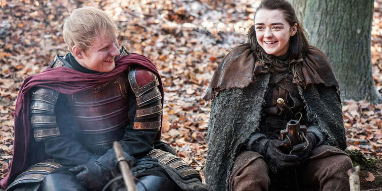 Ed Sheeran and Maisie Williams laugh in Game of Thrones