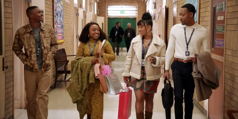 Vince Staples as Maurice, Quinta Brunson as Janine Teagues, Naté Jones as Amber, and Tyler James Williams as Gregory Eddie in Abbott Elementary season 2, episode 14.