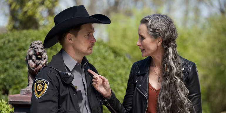 Andie MacDowell points her finger at a sheriff in Red Right Hand