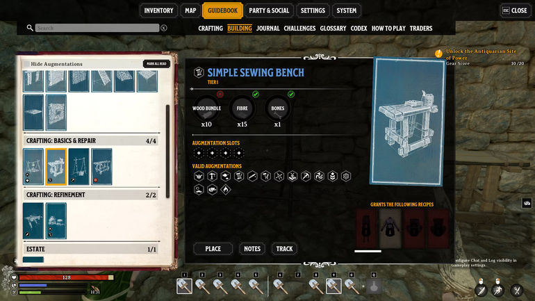 The recipe for making a Simple Sewing Bench in Nightingale