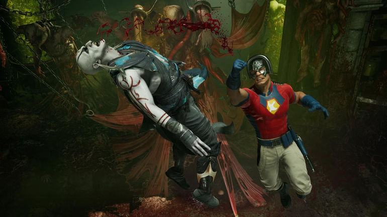 A screenshot of Peacemaker punching Quan Chi in Mortal Kombat 1.