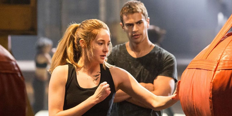 Shailene Woodley as Tris training with Theo James as Four in Divergent