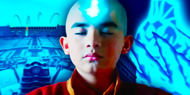 Live-action Aang entering the Avatar state in front of a cartoon background