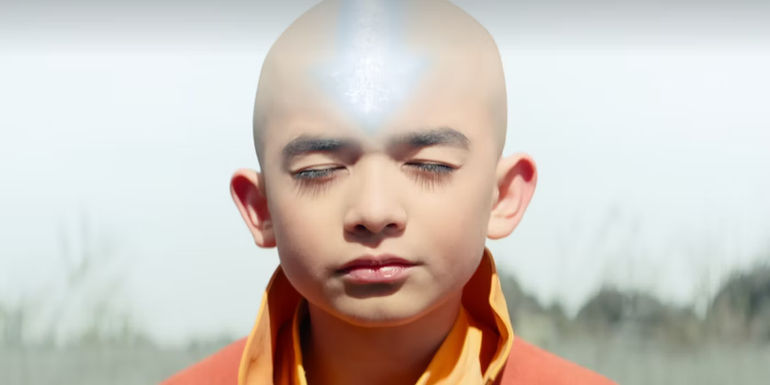 Aang entering the Avatar State on Kyoshi Island in Netflix's The Last Airbender show