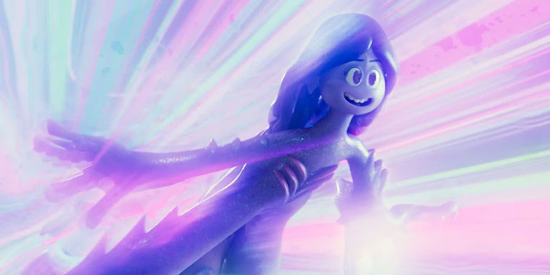 Ruby Gillman in her Kraken form swimming through a current in the movie Ruby Gillman Teenage Kraken.