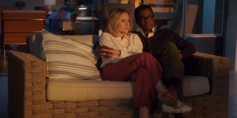 Chidi and Eleanor on the Couch Saying Goodbye in The Good Place Finale - The NBC Comedy Concludes With A Tearjerker - The Good Place (2016-2020)