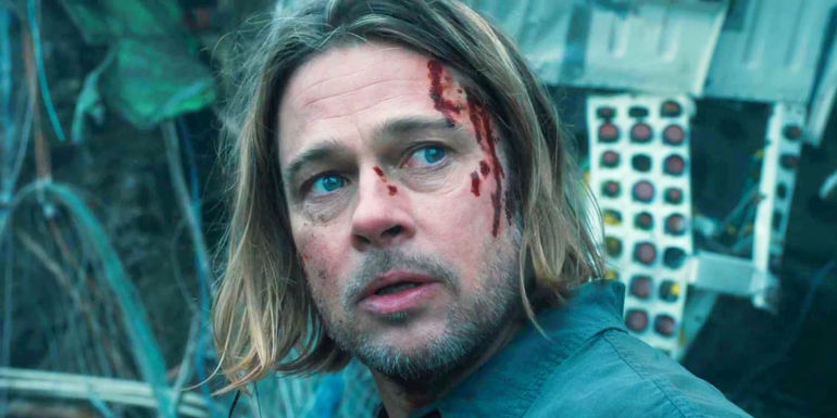 Brad Pitt as Gerry Lane with Blood on His Face in World War Z - Brad Pitt Does His Best To Survive The Onslaught Of A Rage Virus - World War Z (2013)