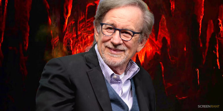 Steven Spielberg wearing a suit in front of an image of the caves from Indiana Jones and the Temple of Doom - Steven Spielberg Knows Television