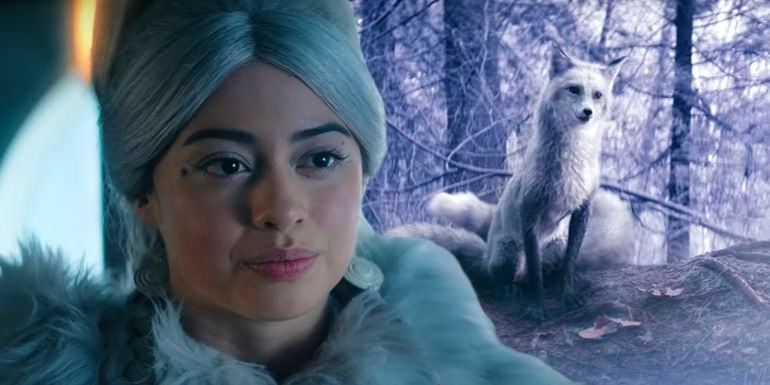 Yue next to her Fox Spirit form in Netflix's The Last Airbender