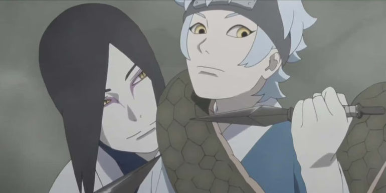 Orochimaru holding a kunai to Mitsuki's neck in Boruto