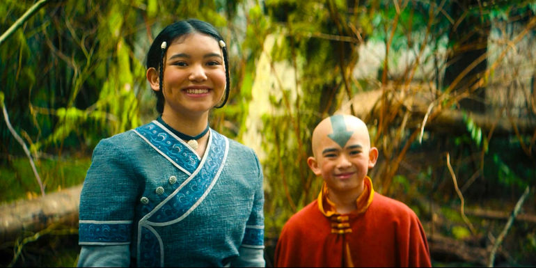 Katara and Aang looking happy from Avatar the last airbender