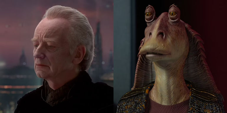 Split image of Chancellor Palpatine and Jar Jar Binks from Star Wars - Jar Jar Gave Absolute Power To Chancellor Palpatine
