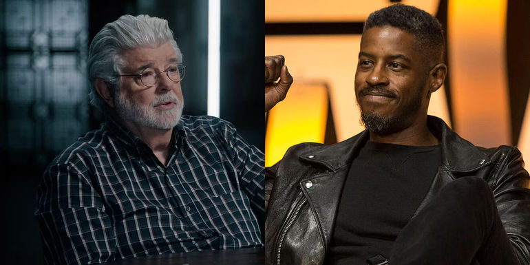 Split image of George Lucas and Ahmed Best from Star Wars - Ahmed Best And George Lucas Have All But Confirmed It