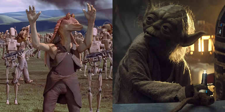 Split image of Jar Jar and Yoda from Star Wars - Jar Jar Mirrors Yoda In Interesting Ways