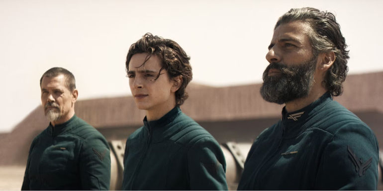 Josh Brolin Timothee Chalamet and Oscar Isaac on Arakis in Dune - 10190-10191 A.G - House Atreides Arrives On Arakis