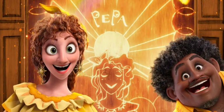 Pepa and Felix smile in front of her door in Encanto - Voiced by Carolina Gaitan - Pepa: Controls The Weather