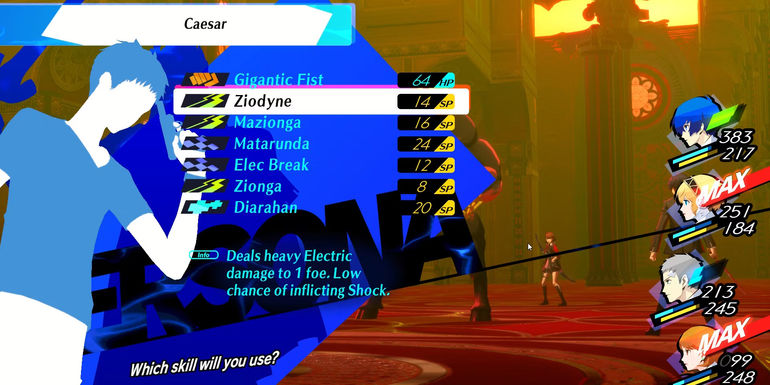 Image of Akihiko using the skill Ziodyne in Persona 3 Reload - As you can see, you'll want to completely avoid using any Physical attacks against Minotaur II