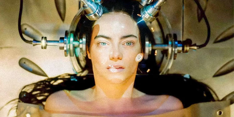 Emma Stone as Bella Baxter in Poor Things in a lab