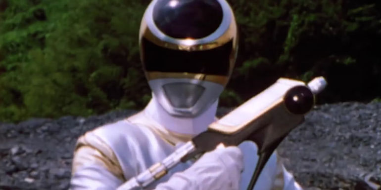 Power Rangers in Space's Silver Ranger holding a blaster - Zhane from Power Rangers In Space