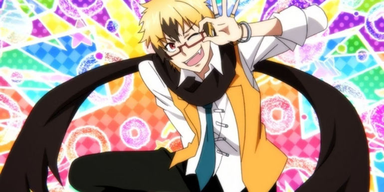 Lawless smiling in Servamp in front of a colorful background.