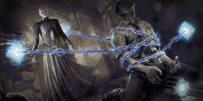 Artwork of Pinhead from Dead by Daylight putting chains around a struggling man. 