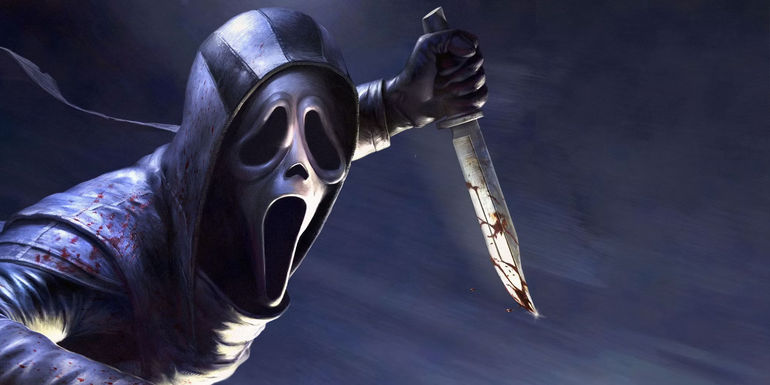 Dead by Daylight Ghostface killer with a bloody knife. 