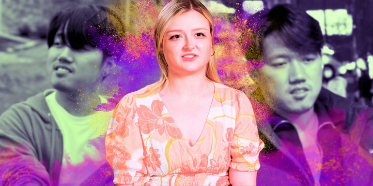 90 Day Fiancé Devin Hoofman in a floral dress standing in front of faded photos Nick Ham