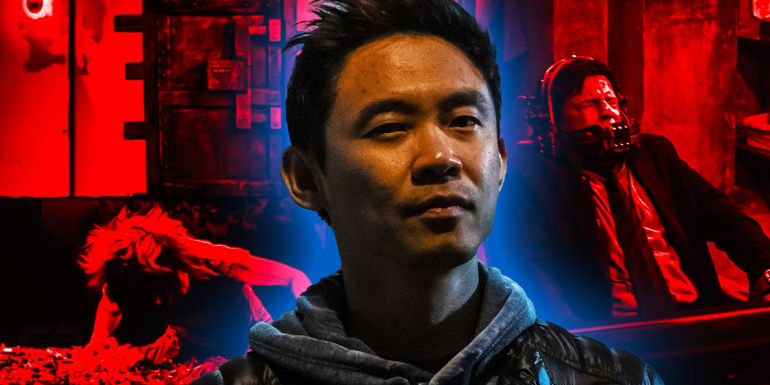 A composite image of James Wan and the Saw movie traps