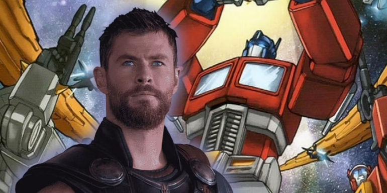 Transformers One Chris Hemsworth and Optimus Prime