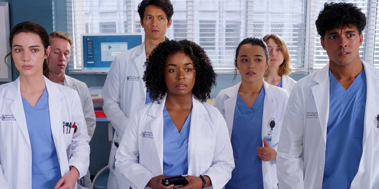 Adelaide Kane as Jules Millin, Harry Shum Jr. as Benson Kwan, Alexis Floyd as Simone Griffith, Midori Francis as Mika Yasuda, and Niko Terho as Lucas Adams in Grey's Anatomy S19