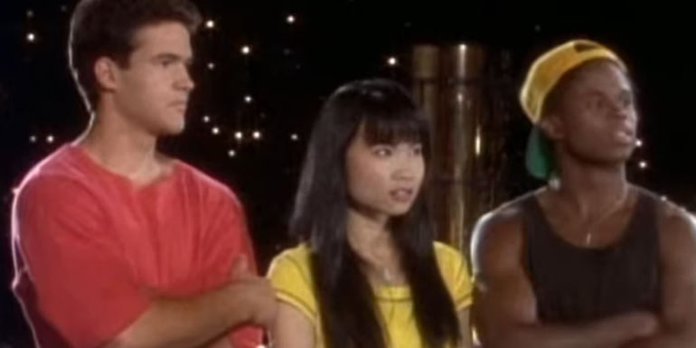 Jason, Trini, and Zack standing together in Mighty Morphin Power Rangers
