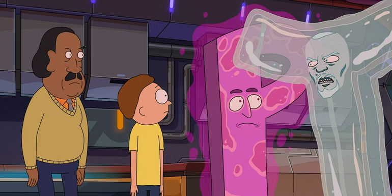 Morty and Mr Goldenfold talk to Water-T in Rick and Morty