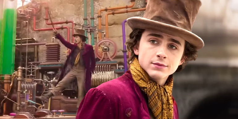Timothée Chalamet as Wonka singing in Wonka