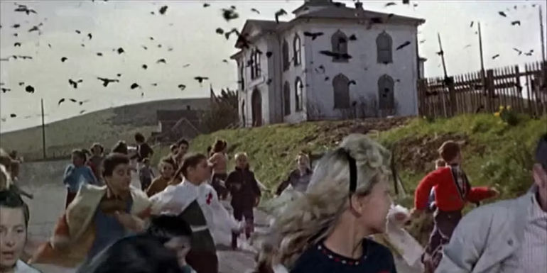 Children running as they are attacked by birds in The Birds