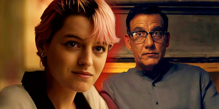 Emma Corrin as Darby Hart and Clive Owen as Andy Ronson in A Murder at the End of the World