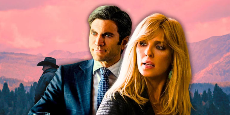Jamie and Beth Dutton with Yellowstone and John Dutton in background