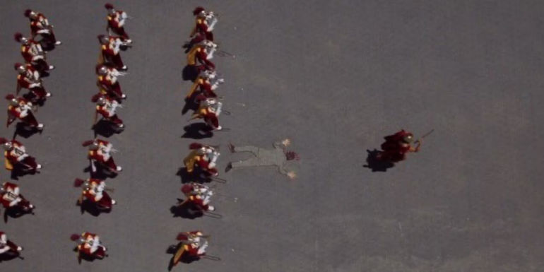 A marching band seen from above in The Naked Gun.