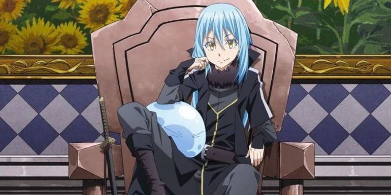 Rimuru Tempest sitting with slime on his lap 
