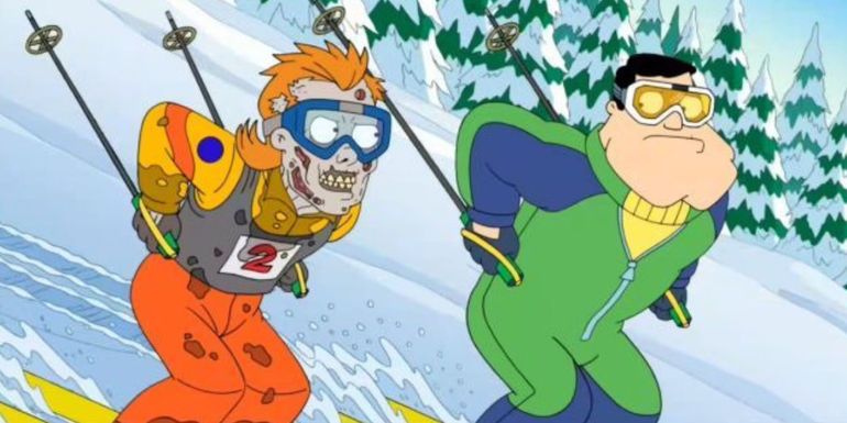 Klaus' rotting body and Stan Smith skiing down a steep incline in American Dad